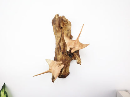 Hand-Carved Wooden Manta Ray Pair Wall Art on Driftwood - Coastal Home Decor
