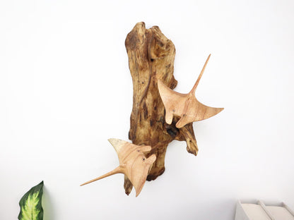 Hand-Carved Wooden Manta Ray Pair Wall Art on Driftwood - Coastal Home Decor