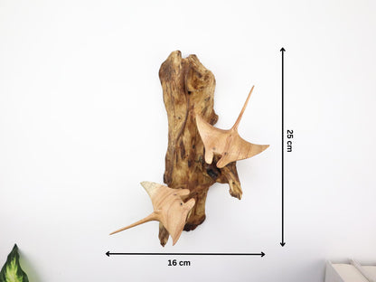 Hand-Carved Wooden Manta Ray Pair Wall Art on Driftwood - Coastal Home Decor