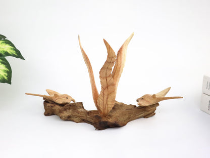 Hand-Carved Wooden Manta Ray Pair with Seaweed Sculpture - Coastal Home Decor
