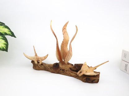 Hand-Carved Wooden Manta Ray Pair with Seaweed Sculpture - Coastal Home Decor
