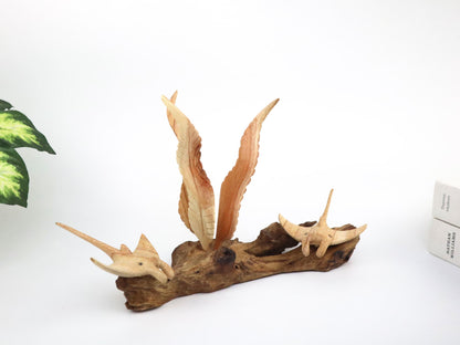 Hand-Carved Wooden Manta Ray Pair with Seaweed Sculpture - Coastal Home Decor