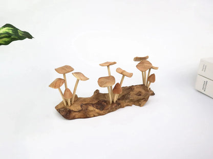 Hand-Carved Natural Wood Mushroom Log Sculpture - Horizontal Woodland Centerpiece