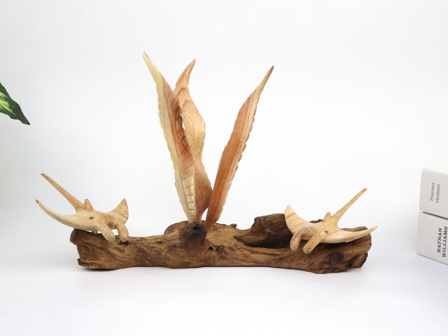 Hand-Carved Wooden Manta Ray Pair with Seaweed Sculpture - Coastal Home Decor