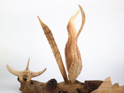 Hand-Carved Wooden Manta Ray Pair with Seaweed Sculpture - Coastal Home Decor