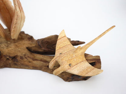 Hand-Carved Wooden Manta Ray Pair with Seaweed Sculpture - Coastal Home Decor