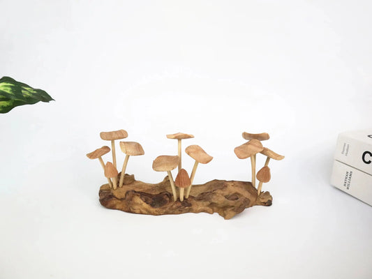 Hand-Carved Natural Wood Mushroom Log Sculpture - Horizontal Woodland Centerpiece