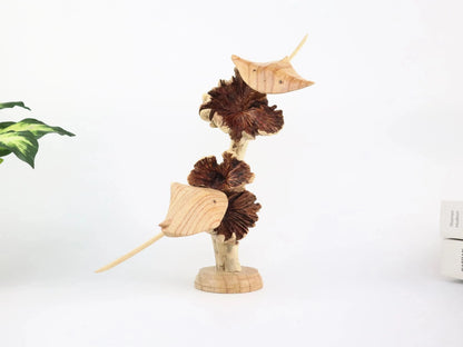 Hand-Carved Wooden Stingray Sculpture on Natural Wood Base - Coastal Home Decor