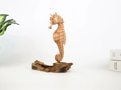 Hand-Carved Wooden Seahorse Sculpture on Natural Wood - Rustic Coastal Decor
