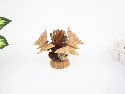 Hand-Carved Wooden Butterfly Pair on Natural Pine Cone - Freestanding Rustic Decor