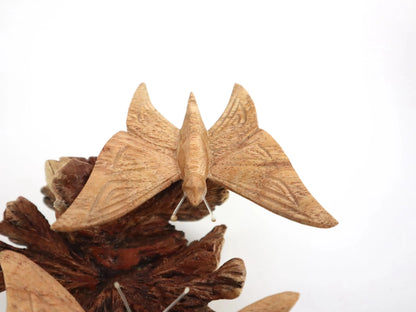 Hand-Carved Wooden Butterfly Pair on Natural Pine Cone - Freestanding Rustic Decor
