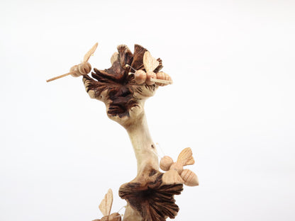 Hand-Carved Natural Wood Bee Trio on Seed Pod Tree - Freestanding Woodland Decor