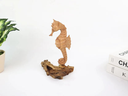 Hand-Carved Wooden Seahorse Sculpture on Natural Wood - Rustic Coastal Decor