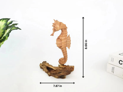 Hand-Carved Wooden Seahorse Sculpture on Natural Wood - Rustic Coastal Decor