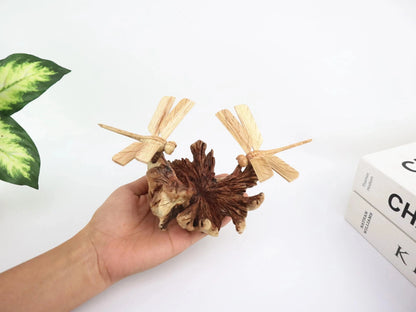 Hand-Carved Wooden Dragonfly Pair on Natural Wood Base - Freestanding Rustic Decor