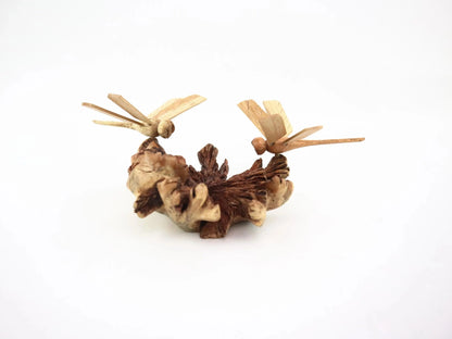 Hand-Carved Wooden Dragonfly Pair on Natural Wood Base - Freestanding Rustic Decor