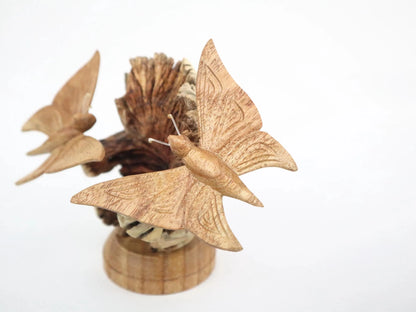 Hand-Carved Wooden Butterfly Pair on Natural Pine Cone - Freestanding Rustic Decor