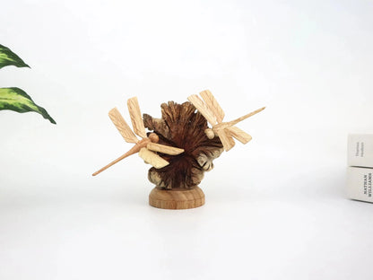 Hand-Carved Wooden Dragonfly Pair on Natural Pine Cone - Freestanding Rustic Decor