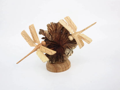 Hand-Carved Wooden Dragonfly Pair on Natural Pine Cone - Freestanding Rustic Decor
