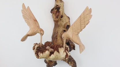 Hand-Carved Wooden Hummingbird Pair Wall Art - Natural Nest & Flower Display