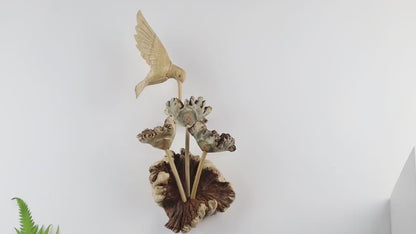 Hand-Carved Wooden Hummingbird & Flower Sculpture - Natural Wall Art Display