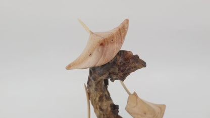 Hand-Carved Wooden Stingray Trio Sculpture on Natural Wood Base - Coastal Home Decor