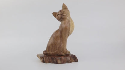 Hand-Carved Natural Wood Cat Figurine - Minimalist Pet Lover Decor