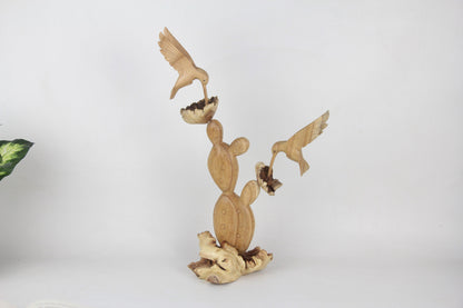 Handmade Wooden Cactus with Wooden Hummingbird