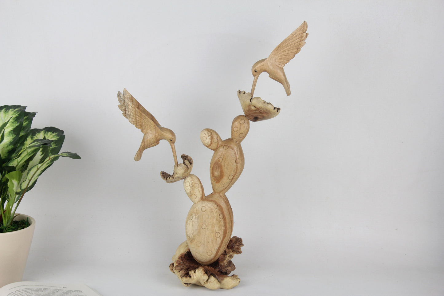 Handmade Wooden Cactus with Wooden Hummingbird