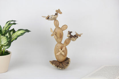 Wooden Cactus Decor with  Bee Sculpture on Top