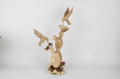 Handmade Wooden Cactus with Wooden Hummingbird