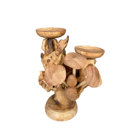 Handcrafted Wooden Candle Holder with Mushroom